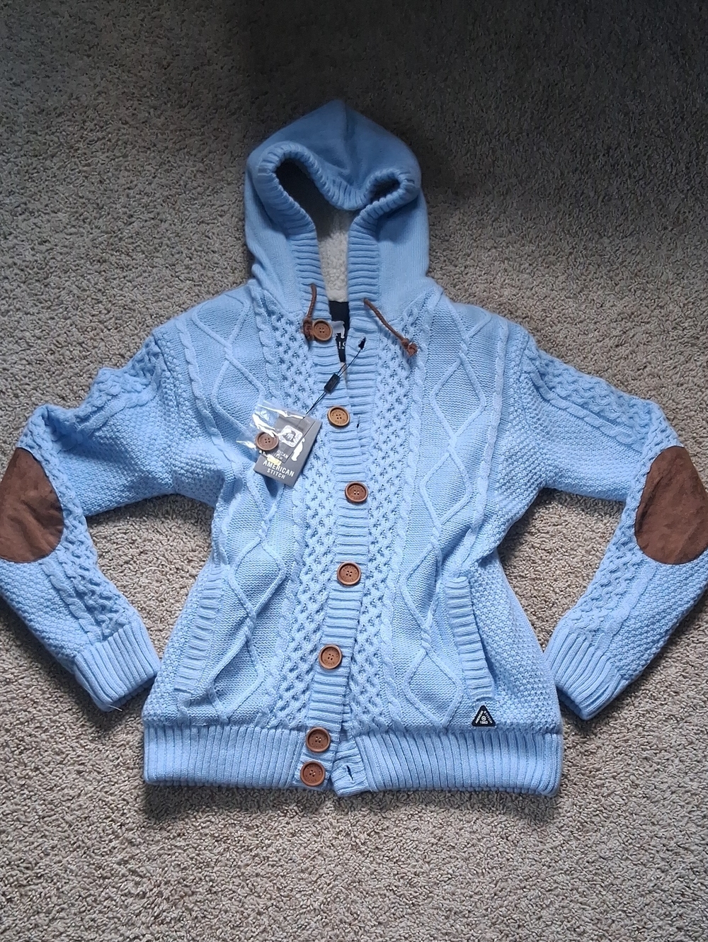 American Stitch Light Blue Hooded Cable Knit Cardigan with Brown Elbow Patches
